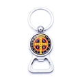 Detail of silver St. Benedict Medal keychain with integrated bottle opener function - St. Benedict Medal Bright Color Style (XSWX7910-11)