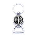 Saint Benedict Medal bottle opener keychain with durable silver metal ring and PAX emblem - St. Benedict Medal Black and White Contrast Style (XSWX7910-9)