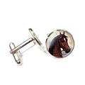 Detailed close-up of men's silver cufflinks featuring a vintage brown horse head motif - Brown Horse Head Pattern 1 (XSWX7905-1)
