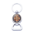 Detailed macro view of the Saint Benedict medal integrated into a metal bottle opener keychain - St. Benedict Red and Blue Colorful Style (XSWX7910-8)