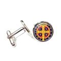 Macro detail of Saint Benedict Medal cufflinks with colorful enamel on silver metal - Colorful Drip Glue Style (XSWX7917-11)