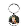 Silver metal keychain with round glass cabochon featuring a red fox in the snow - Sitting Fox in Snow (XSWX7825-6)