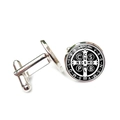 Macro view of Saint Benedict Medal cufflinks with silver metal finish and black detailing - Black Background White Lettering Style (XSWX7917-9)