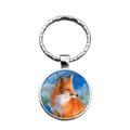 Silver round keychain featuring a vibrant red fox photo pendant with glass dome - Fox with Sharp Eyes (XSWX7825-7)