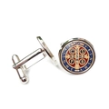 Macro detail of silver Saint Benedict Medal cufflinks with red and blue enamel pattern - Red Blue Enamel Style (XSWX7917-8)