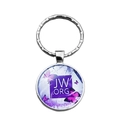Round silver JW.ORG keychain featuring a purple glass gem with butterflies and metal ring - Purple Butterfly Pattern (XSWX7896-2)