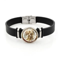 Detail of St. Michael Archangel emblem on vintage black leather bracelet with silver clasp - Colorful Art Illustration Style (XSWX7934-7) / Black