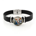 Macro detail of Archangel Michael religious glass cabochon on black leather bracelet - Madonna and Angel Style (XSWX7934-3) / Black