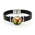 Close-up of Saint Michael Archangel black leather bracelet with glass cabochon charm - Stained Glass Style (XSWX7934-4) / Black