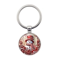 Llavero navideño con muñeco de nieve en marco de metal plateado y detalles rojos - Muñeco de Nieve con Sombrero Rojo y Flores (XSWX7891-4)