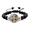 Bracelet ajustable médaille Saint-Benoît avec perles noires mates et accents argentés - Perles Noires Mattes Style Médaille Argentée (XSWX7913-2)
