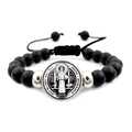 Bracelet médaille San Benito religieux avec perles noires mates et cordon ajustable - Perles Noires Mattes Style Médaille Amulette (XSWX7913-3)