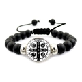 Bracelet médaille Saint-Benoît avec perles noires mates et cordon ajustable noir - Perles Noires Mattes Style Étiquette Ronde Religieuse (XSWX7913-4)