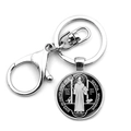 Silver Saint Benedict medal keychain with metal lobster clasp and religious pendant charm - Silver Religious Figure Style (XSWX7909-10)