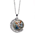 Detail of Archangel Michael moon pendant with colorful religious stained glass art - Stained Glass Prayer Scene Style (XSWX7952-3)