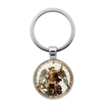 Macro view of Archangel Saint Michael silver keychain with sword and scales detail - Sword of Justice and Scales of Judgment Style(XSWX7943-8)