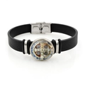 Zwart leren armband met gekleurde Sint-Benedictus medaille en roestvrijstalen sluiting - Vintage Kleurrijke Medaille Stijl (XSWX7912-2)