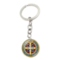 Saint Benedict Medal keychain with red and blue religious pattern on silver metal ring - Red and Blue Contrast Cross Style (XSWX7908-5)
