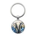 Artistic elephant and blue floral pattern glass dome silver metal keychain charm - Blue Floral Painted Elephant (XSWX7872-2)