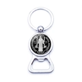 Saint Benedict medal bottle opener keychain in silver metal with black finish details - St. Benedict Cross Black and Silver Style (XSWX7910-10)