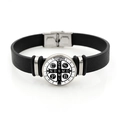 Sint-Benedictus medaille leren armband in zwart met zilveren drukknop gesp - Zilver Witte Achtergrond PAX Stijl (XSWX7912-4)