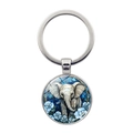 Silver metal keychain featuring a colorful stained glass style elephant with blue flowers - Stained Glass Art Elephant (XSWX7872-3)