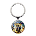 Elephant glass pendant keychain with colorful mosaic art design and silver metal ring - Sunset African Elephant (XSWX7872-4)