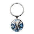 Porte-clés cabochon éléphant avec motifs floraux bleus et anneau métallique argenté - Éléphant Floral Blanc et Bleu (XSWX7872-5)