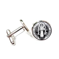 Zilveren manchetknopen met Sint Benedictus penning en zwart-wit emaille afwerking - Zilver Zwart Wit Medaille Stijl (XSWX7917-3)