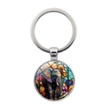 Porte-clés cabochon en verre avec motif éléphant floral coloré sur anneau métal - Éléphant Décoré de Fleurs Ethniques (XSWX7872-6)