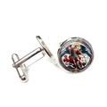 Detailed close-up of Saint Michael glass dome cufflinks with silver-toned polished metal finish - Archangel Defeating Demon Full Color Illustration Style (XSWX7954-6)