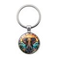 Porte-clés éléphant style vitrail coloré avec anneau en métal argenté poli brillant - Éléphant Peint aux Lueurs du Soir (XSWX7872-7)