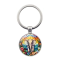 Porte-clés cabochon en verre éléphant avec art floral coloré et anneau argenté - Éléphant Illustration Florale Colorée (XSWX7872-13)
