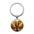 Porte-clés en métal argenté avec pendentif rond motif éléphant au coucher du soleil - Éléphant de la Savane Impressionniste (XSWX7872-16)