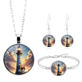 Coastal lighthouse jewelry set with glass gem pendant necklace earrings and bracelet - Lighthouse Dusk Landscape Style(XSWX7997-5)