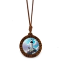 Coastal lighthouse wooden pendant necklace with blue painted art and spiral carvings - Dawn Birdsong Lighthouse (XSWX7996-6)