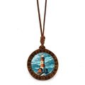 Detailed view of lighthouse landscape pendant with wood frame and brown woven cord - Starry Night Lighthouse (XSWX7996-3)