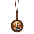 Close-up of wooden lighthouse pendant with ocean wave art and woven cord strap - Sunset Seabirds Lighthouse (XSWX7996-2)