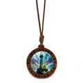 Macro shot of circular wood pendant necklace featuring a lighthouse landscape illustration - Blue Cloud Sea Lighthouse (XSWX7996-1)