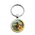 Kreativer Metall-Schlüsselanhänger mit rundem Bienen- und Blumenmotiv aus Glas - Biene und Gelbe Blume Muster (XSWX8006)