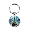 Porte-clés cabochon en verre phare avec anneau en métal argenté et motif scène de mer - Paysage de Phare 1 (XSWX7992-1)