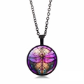 Detailed view of round dragonfly pendant with stained glass effect on black metal chain - Black