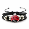 Detail of multi-layer woven leather bracelet with ladybug glass cabochon and metal beads - Cartoon Smiley Ladybug (XSWX8101-6)