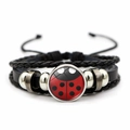 Retro punk multilayer braided leather bracelet with a red ladybug glass charm design - Seven-spot Ladybug Design (XSWX8101-5)