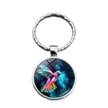 Llavero con cabujón de cristal de colibrí de colores y anillo de metal plata - Colibrí Degradado Rosa Amarillo (XSWX7987-4)