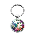 Llavero plateado artístico con cabujón de cristal con colibrí y diseño floral - Colibrí Cian & Flor Púrpura (XSWX7987-7)
