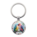 Polished silver metal keychain with romantic lovebirds and floral art pendant - Silver