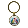 Vintage bronze keychain with lovebirds glass cabochon pendant for bags and car keys - Antique Bronze