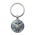 Llavero de cabujón de vidrio de búho retro con patrón de mandala azul y aro plateado - Plateado