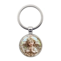 Portachiavi con ciondolo angelo dalle ali bianche con cherubino e decori di rose - Argento